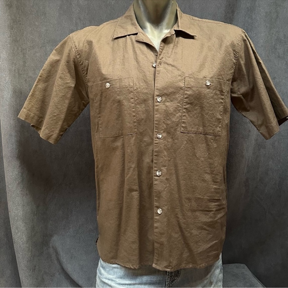 Linen blend brown button front shirt sz medium